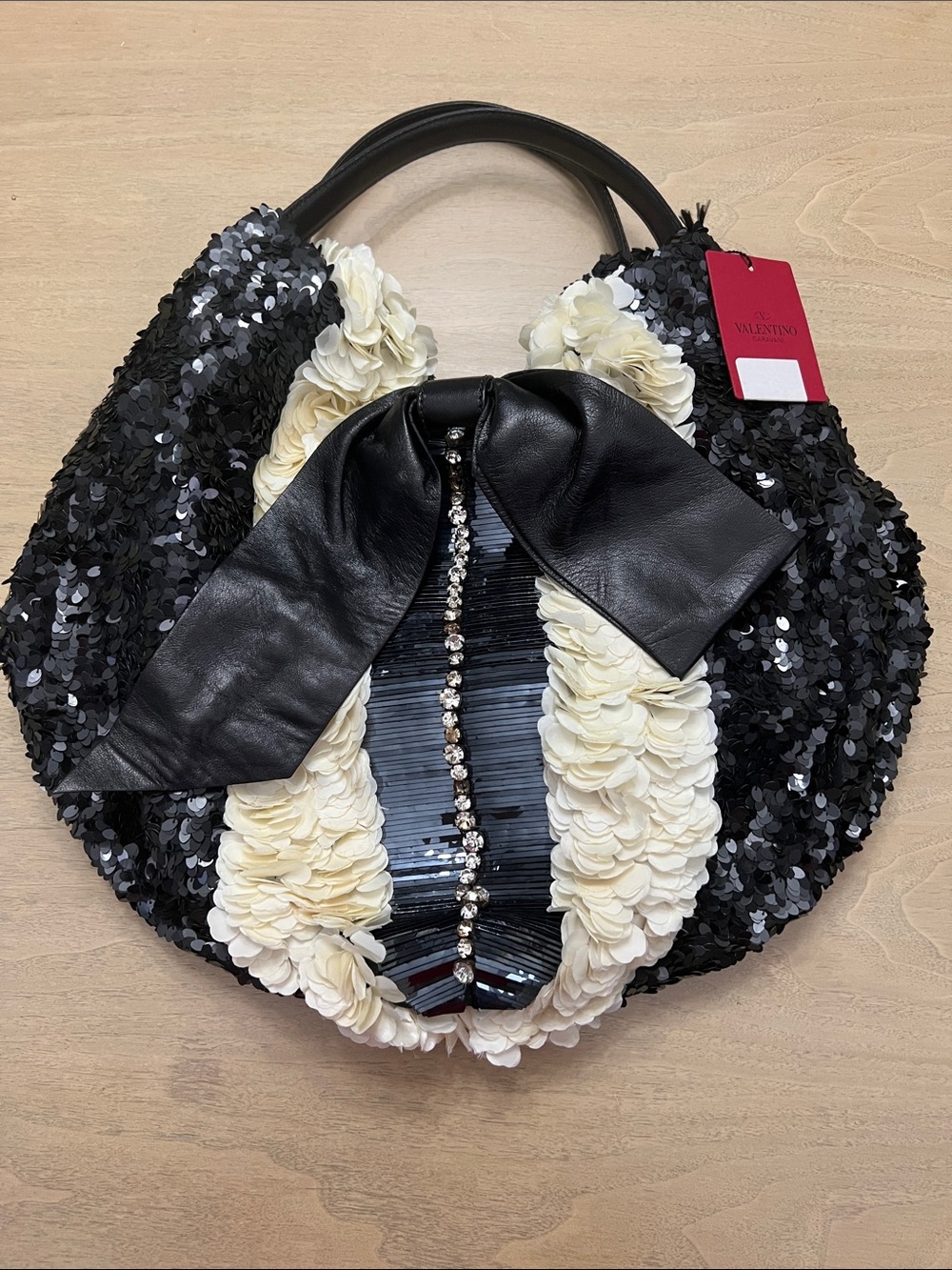 Valentino Black & Cream Sequin  shining Flower Tote tux 360